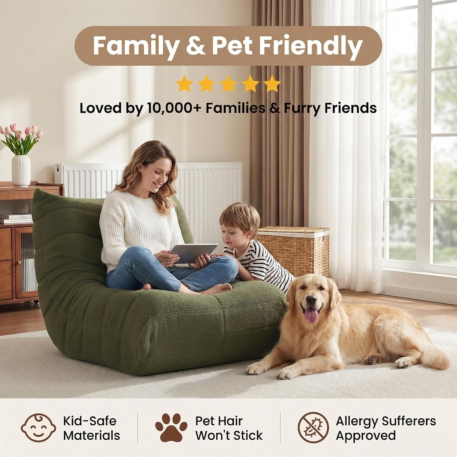 Gazecaia Comfy Bean Bag Chair for Adults Teens | Fireside Floor Lounge Chair, Soft Teddy High-Resilience Memory Foam Bean Bag Couch with Non-Slip Base, for Living Room Bedroom Apartment Office, Green