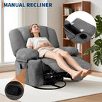 Swivel Rocker Recliner Chair with Heat and Massage, 360° Swivel Vibration Recliner Nursery Glider with Side Pocket and Cup Holders for Living Room, Bedroom, Home Theater Dark Grey