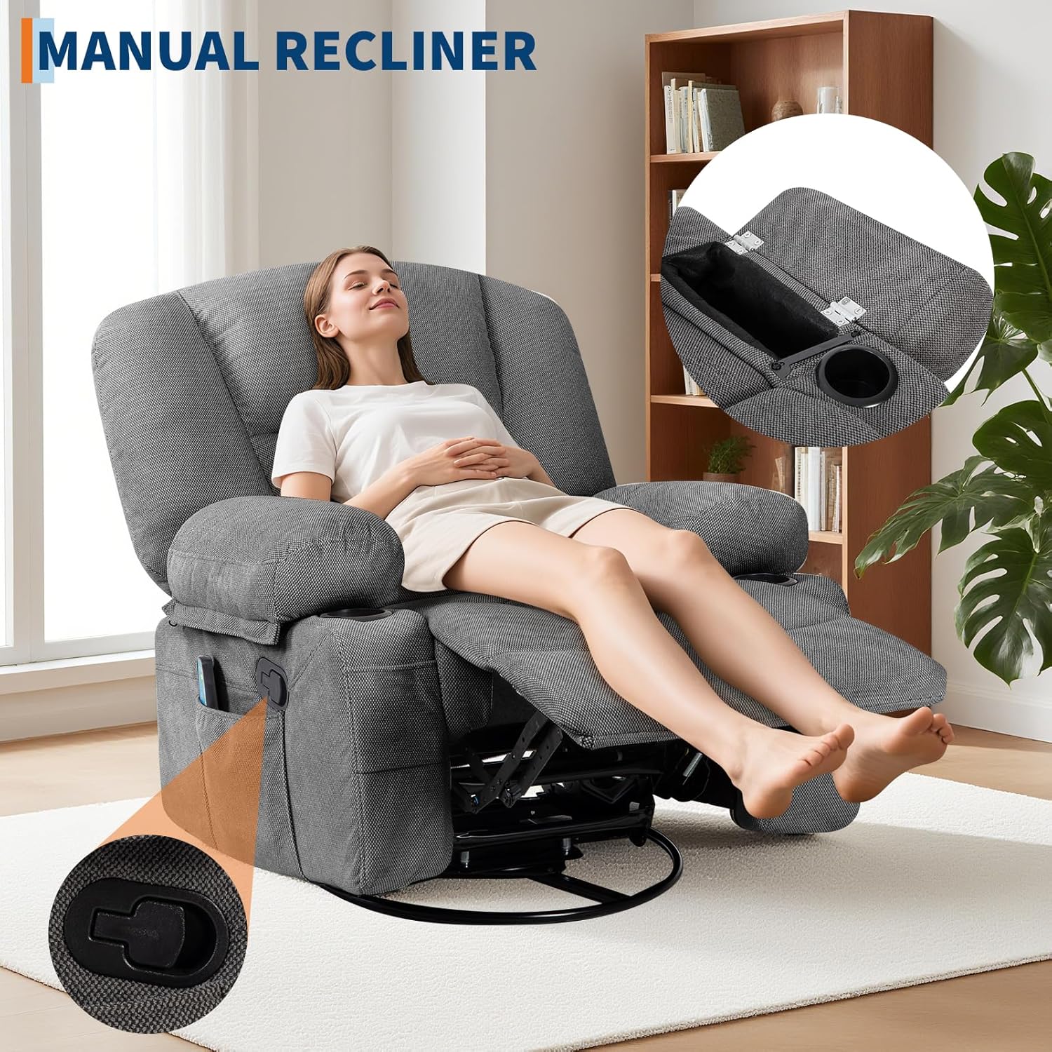 Swivel Rocker Recliner Chair with Heat and Massage, 360° Swivel Vibration Recliner Nursery Glider with Side Pocket and Cup Holders for Living Room, Bedroom, Home Theater Dark Grey