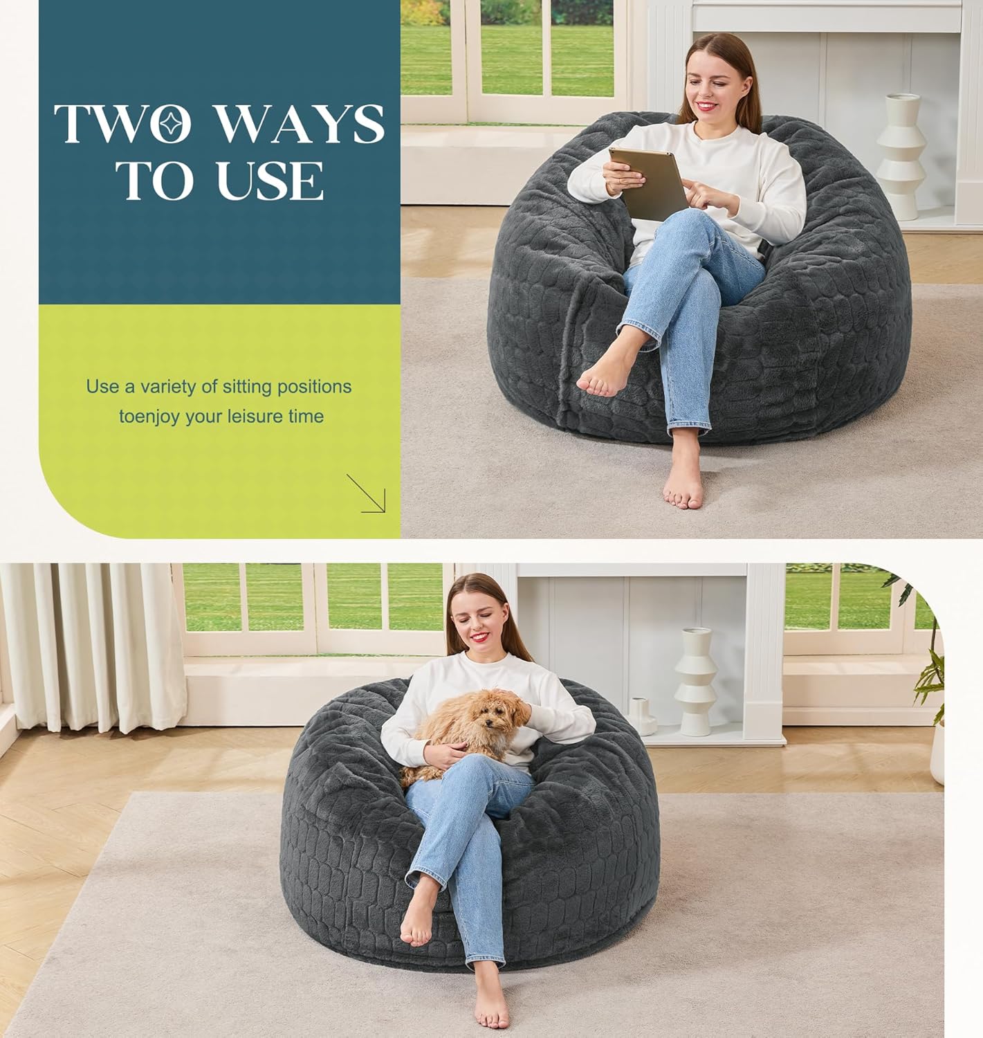 Hobestluk Bean Bag Chairs Adult Bean Bags with Fluffy Cover, Large Beanbag Chair with Filler Giant Bean Bag Chairs for Adults for Living Room, Bedroom (Dark Grey, 3FT - 36” x 36” x 22”)