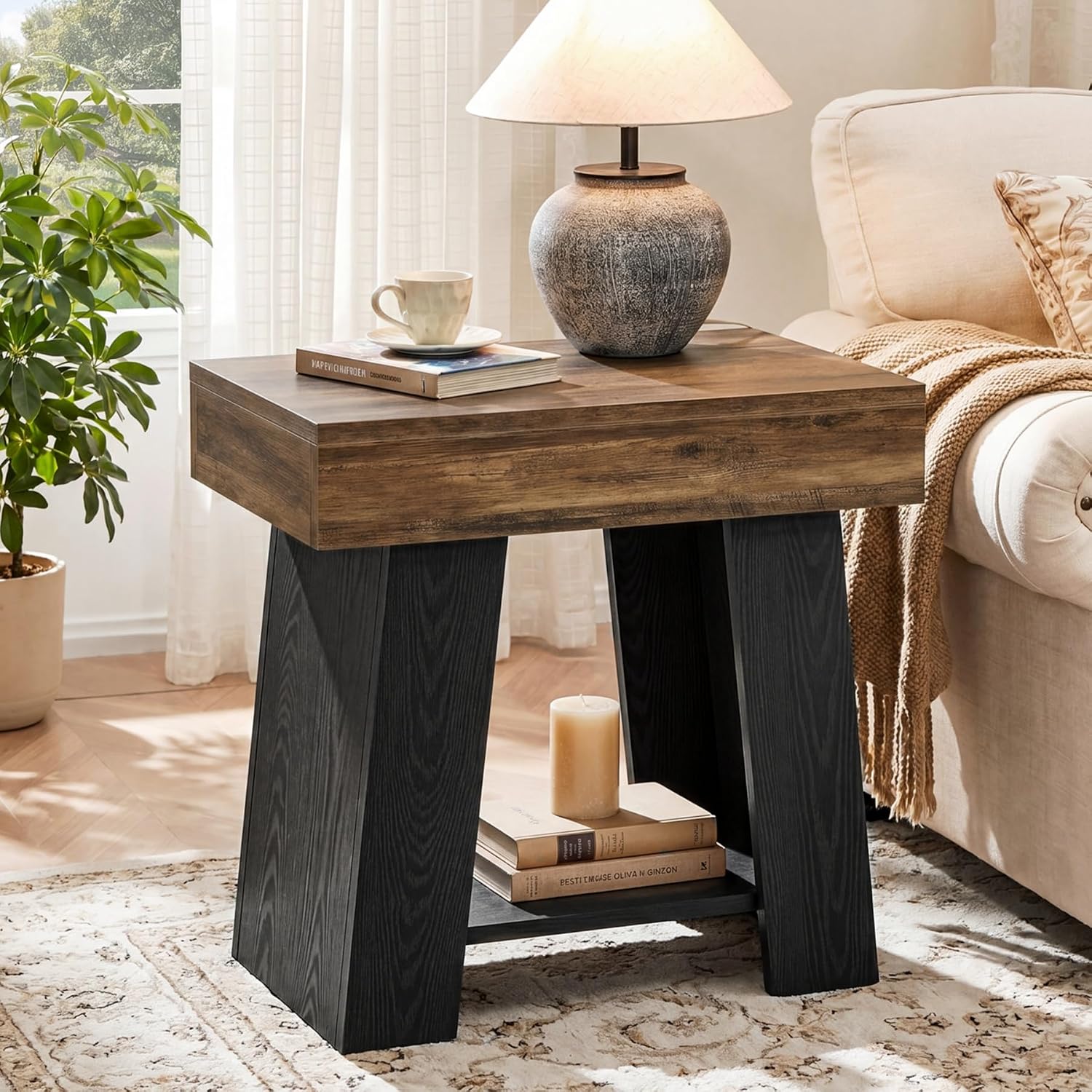 Tribesigns Wooden End Table, 2-Tier Farmhouse Nightstand Sofa Side Table with Storage Shelf, Two-Tone Side Table for Couch, Heavy-Duty Bedside Table for Bedroom, Living Room, Rustic Brown & Black