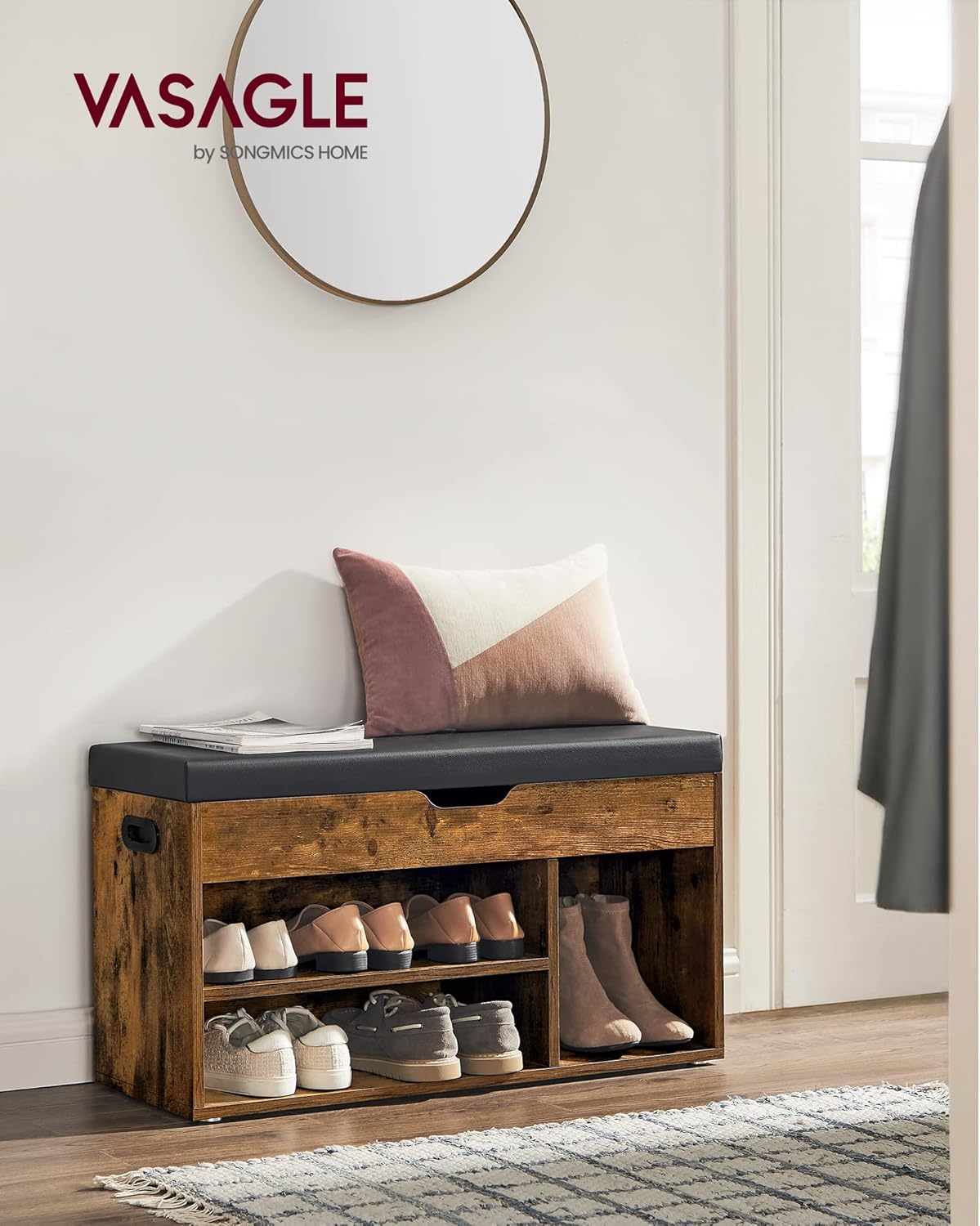 VASAGLE CUSTOS Collection - Storage Bench with Cushion, Shoe Bench, Padded Seat, Hidden Storage, Entryway, Hold up to 300 lb, 11.8 x 31.5 x 17.3 Inches, Rustic Brown and Ink Black ULHS30BX
