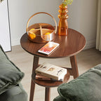 Side Table, Small Round End Table with 2-Tier Shelf, Solid Wood Nightstand for Small Spaces, Mid Century Modern Accent Table for Living Room Bedroom, Walnut