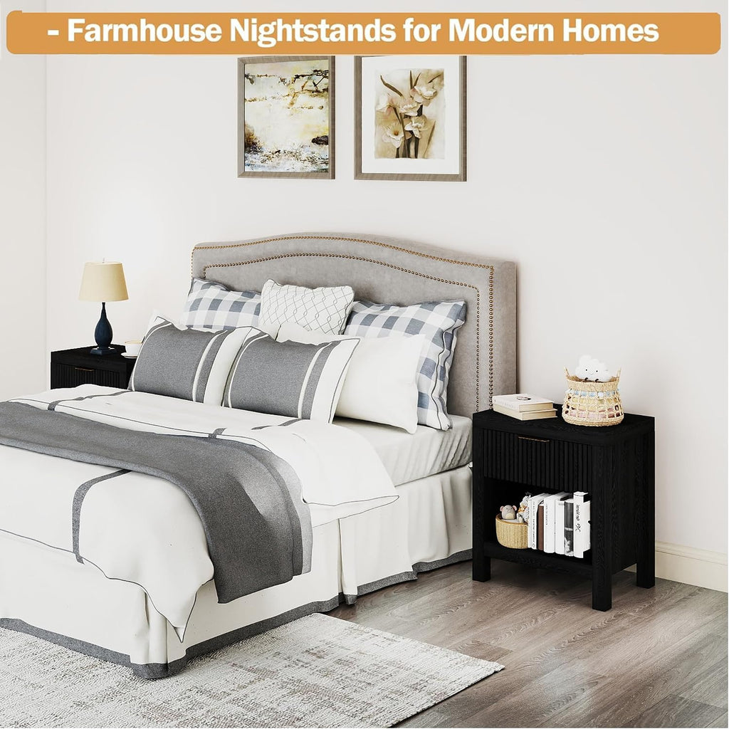 End Table Set of 2 with Storage, Small End Table, Wood Bedside Table with Drawer and Opening Storage, Nightstand Accent Table for Living Room, Bedroom, Black