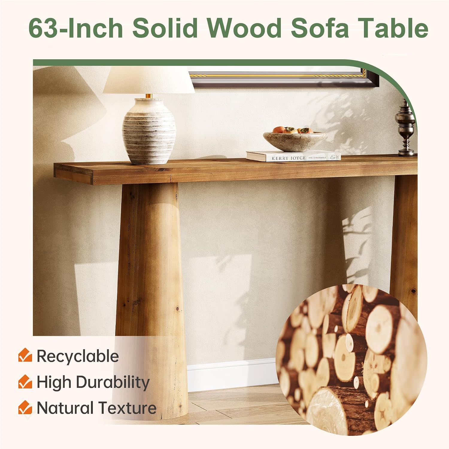 63-Inch Solid Wood Console Table, Farmhouse Entryway Table, Rectangular Long Sofa Table Behind Couch for Entryway, Hallway, Living Room, Entrance