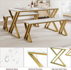 GarveeHome Kitchen Table with 2 Benches, Dining Table Set for 4 with Faux Marble Tabletop, Saving Space Dining Room Table Set for Kitchen, Dining Room, Apartment, Sturdy Metal Frame