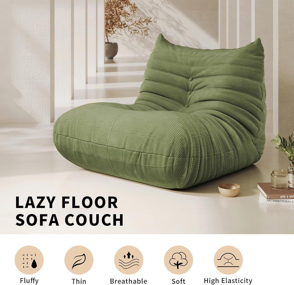 Bean Bag Chair for Adults Fireside 3 Seater Sofa Floor Lazy Couches with Ergonomic Design Corduroy Cozy Memory Foam Lounger Couch for Dorm, Apartment and Gaming Venue,Olive Green