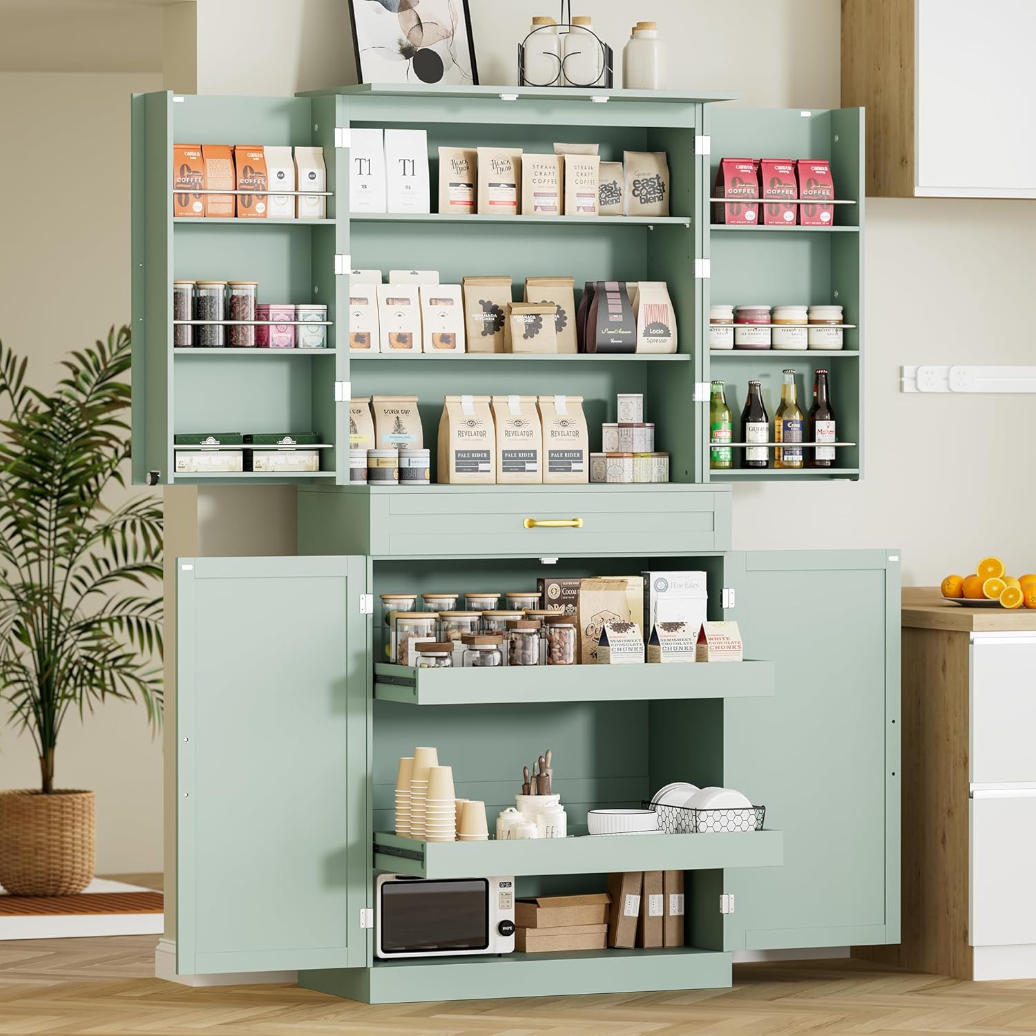 HQZX 71’’ Tall Kitchen Pantry Cabinet, Pantry Storage Cabinet with 6 Doors Shelves, Large Drawer & 2 Pull Out Shelves, Freestanding Cupboard for Kitchen, Dining Room, Green