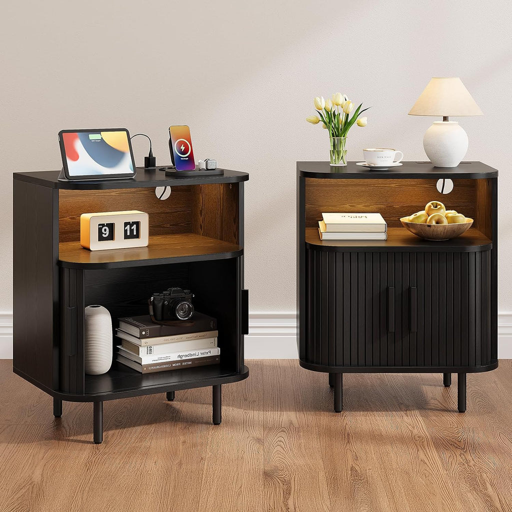 ONBRILL Fluted Nightstand with Drawers, Modern End Table with Charging Station, Mid Century Bedside Table with Open Shelf LED Light for Bedroom Small Space Living Room Sofa Couch Black (2 Pack)