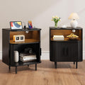 ONBRILL Fluted Nightstand with Drawers, Modern End Table with Charging Station, Mid Century Bedside Table with Open Shelf LED Light for Bedroom Small Space Living Room Sofa Couch Black (2 Pack)