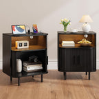 ONBRILL Fluted Nightstand with Drawers, Modern End Table with Charging Station, Mid Century Bedside Table with Open Shelf LED Light for Bedroom Small Space Living Room Sofa Couch Black (2 Pack)