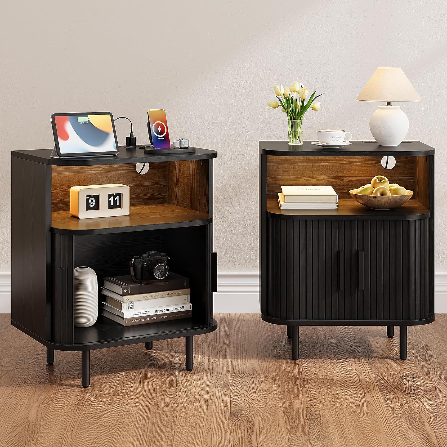 ONBRILL Fluted Nightstand with Drawers, Modern End Table with Charging Station, Mid Century Bedside Table with Open Shelf LED Light for Bedroom Small Space Living Room Sofa Couch Black (2 Pack)