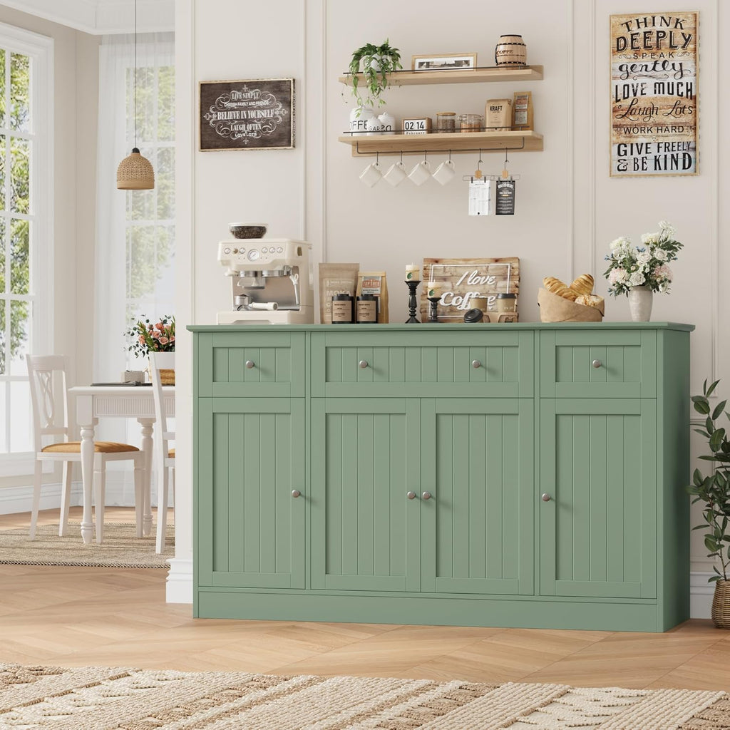 HITHOS 55" Sideboard Buffet Cabinet with Storage, Modern Kitchen Buffet Storage Cabinet with Drawers, Wood Coffee Bar with Adjustable Shelves, Large Sideboard for Kitchen, Living Room, Green