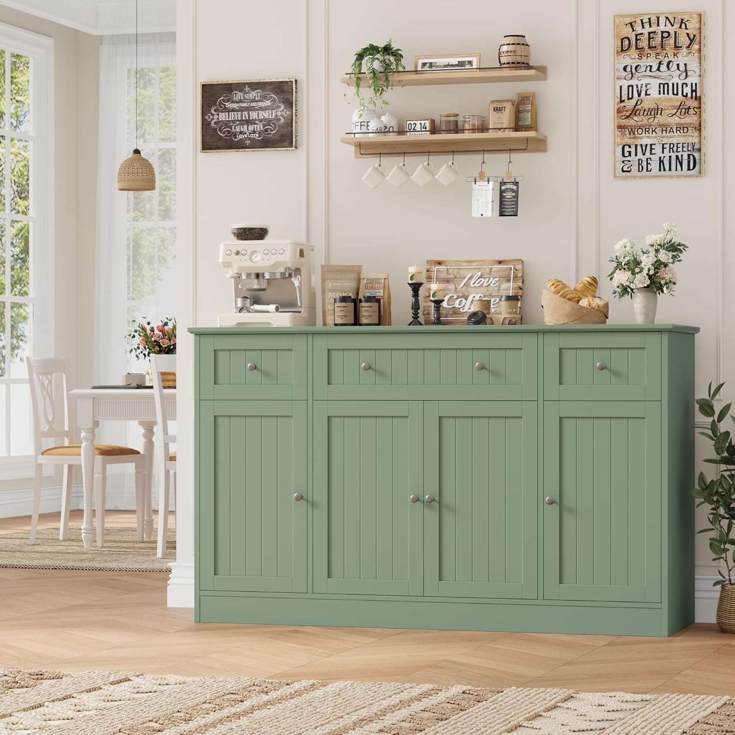 HITHOS 55" Sideboard Buffet Cabinet with Storage, Modern Kitchen Buffet Storage Cabinet with Drawers, Wood Coffee Bar with Adjustable Shelves, Large Sideboard for Kitchen, Living Room, Green