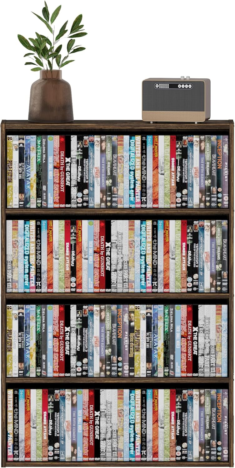 4 Tier DVD Storage Shelf, Media Storage Tower for CDs & Video Games, Freestanding Organizer Shelf for Living Room Home Office, Holds 160+ DVDs(Amber Pine)