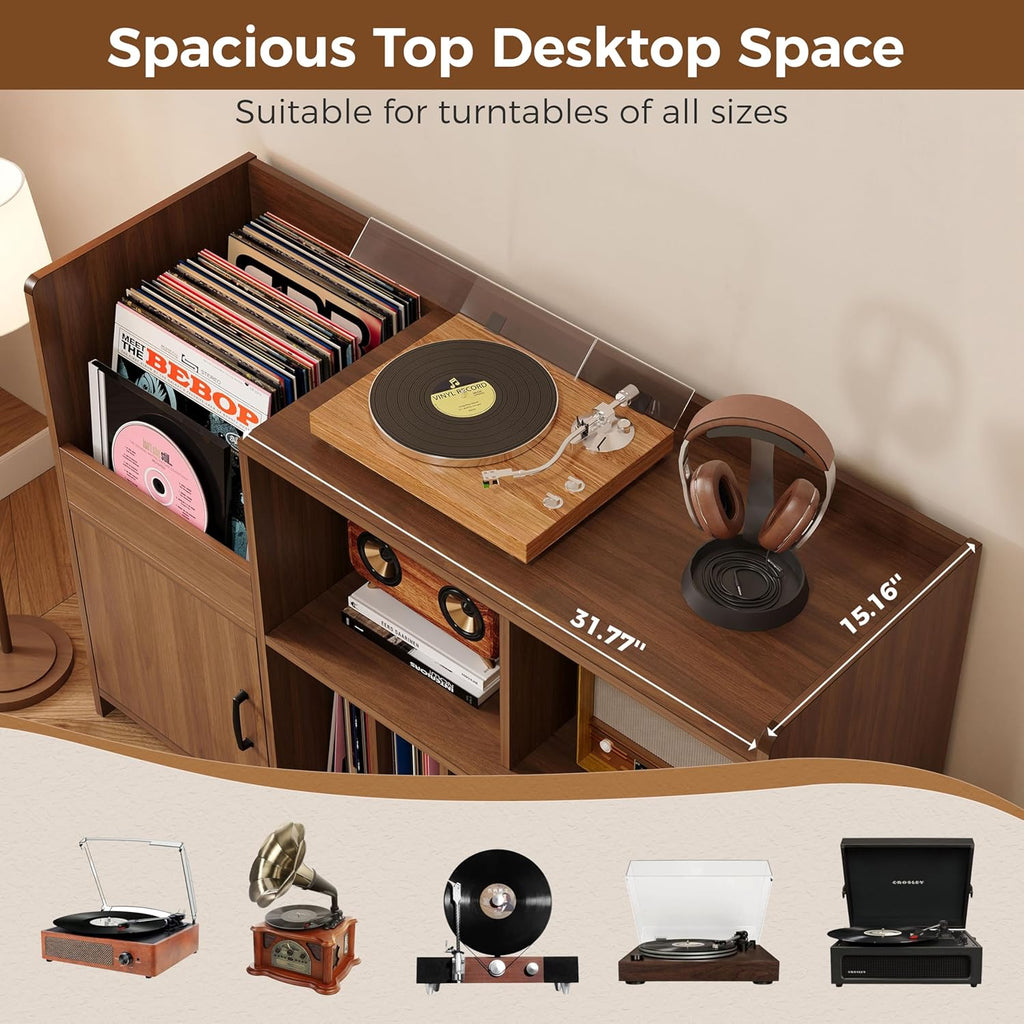IRONCK Mid-Century Modern Record Player Stand, Record Player Cabinet with Door & Display Shelf, Vinyl Record Storage Cabinet for Living Room & Entertainment Room, Walnut