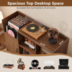IRONCK Mid-Century Modern Record Player Stand, Record Player Cabinet with Door & Display Shelf, Vinyl Record Storage Cabinet for Living Room & Entertainment Room, Walnut