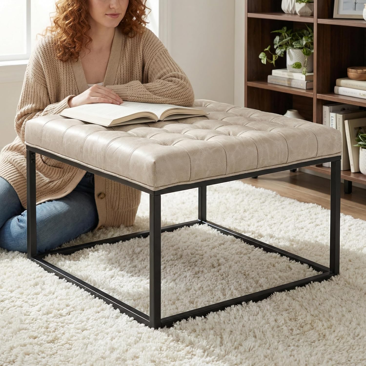 28" Square Ottoman, Faux Leahter Coffee Table for Living Room, Tufted Footrest with Metal Base, Mid Century Footstool for Couch, Small Vintage Ottoman for Apartment, Bedroom, Office, Ivory