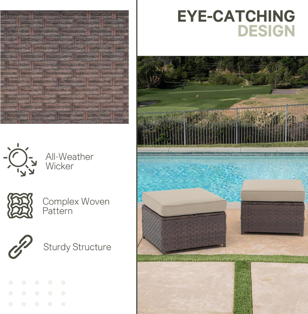 SUNSITT Outdoor Patio Ottoman Set of 2, All Weather Rattan Outdoor Ottoman Set, Brown Wicker Footstool Ottoman Footrest Seat w/Olefin Beige Cushions for Balcony, Porch and Deck
