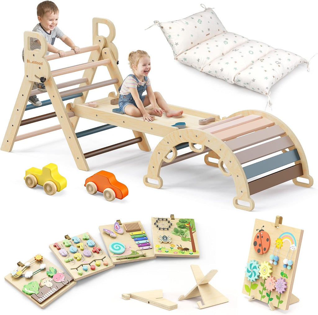BlueWood Pikler Triangle Set Pink with Cushion and Wooden Busy Board