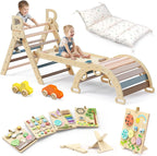 BlueWood Pikler Triangle Set Pink with Cushion and Wooden Busy Board