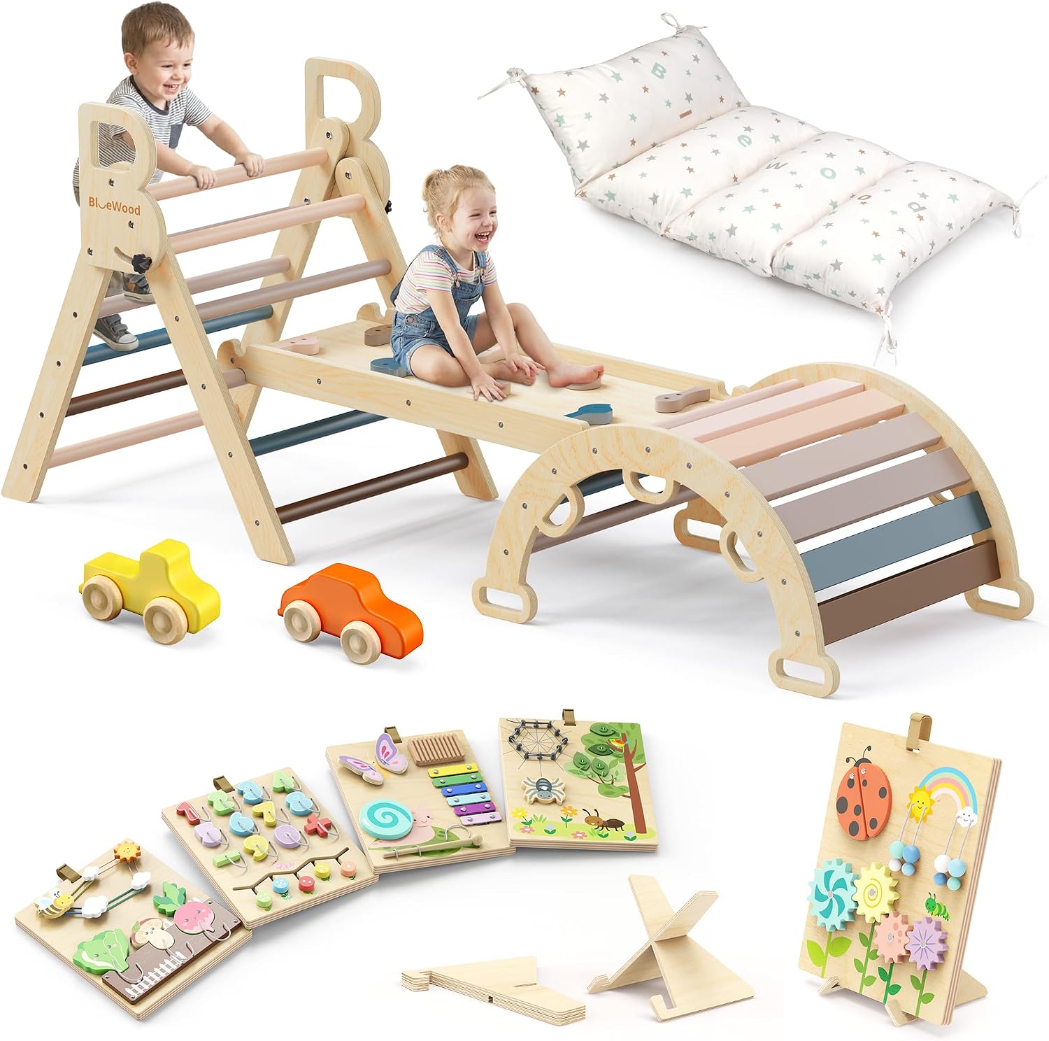 BlueWood Pikler Triangle Set Pink with Cushion and Wooden Busy Board