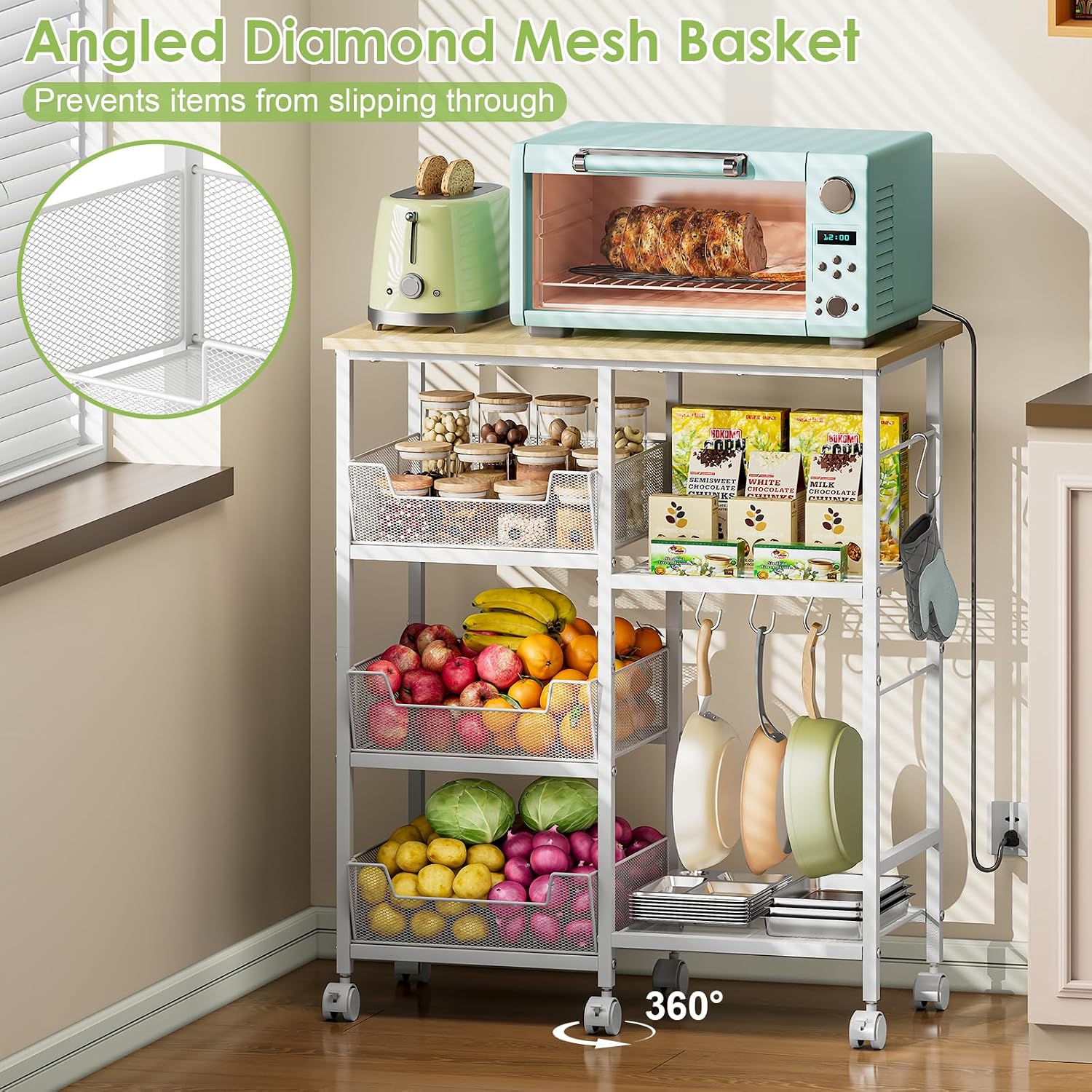 Rolling Kitchen Storage Microwave Cart & Kitchen Island on Wheels, Adjustable Shelf, Lockable Wheels, 27.75" L × 15.35" W, Bakers Rack Microwave Stand with Tilt-Out Baskets, Kitchen, Coffee Bar, White