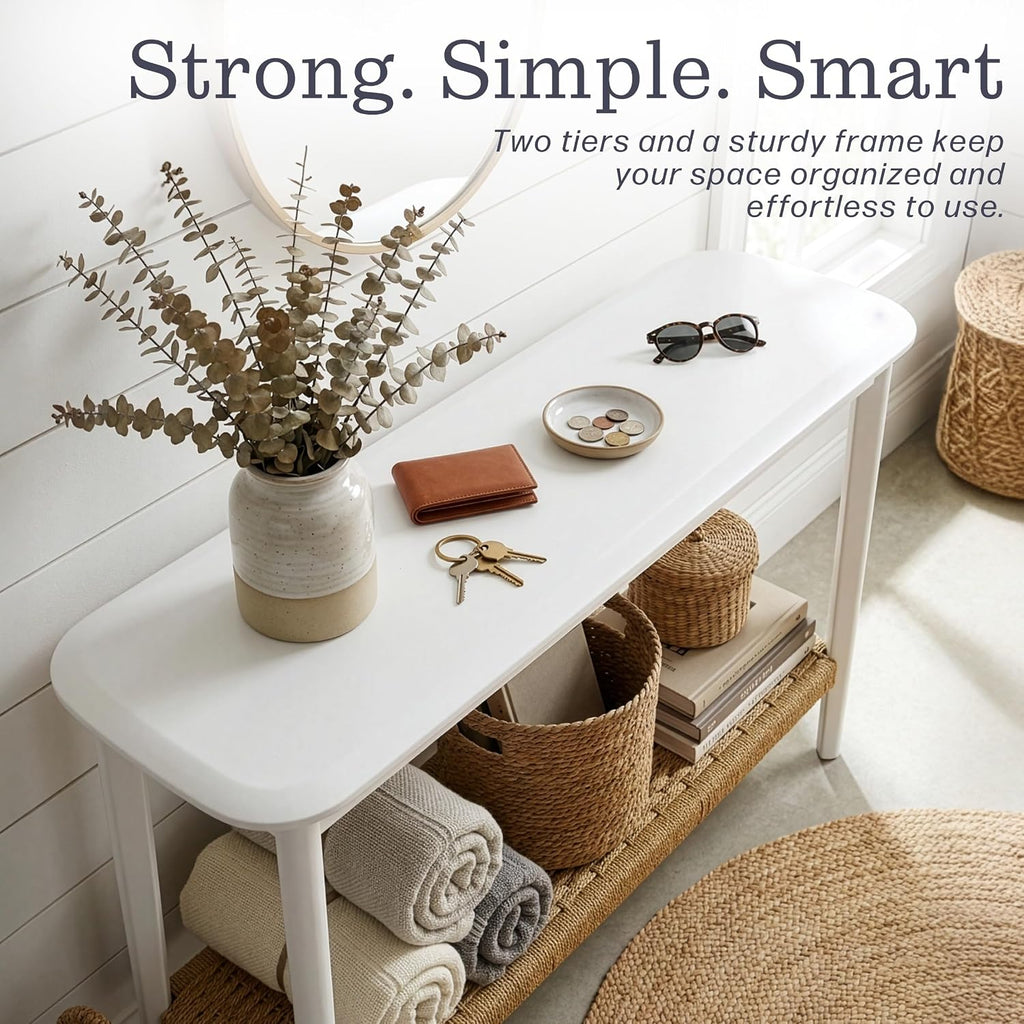 Alaterre Furniture Calais 48 Inch Wooden Console Table with Woven Storage Shelf – Mid Century Modern 2-Tier Entryway or Sofa Table for Living Room, Hallway, or Foyer (White)