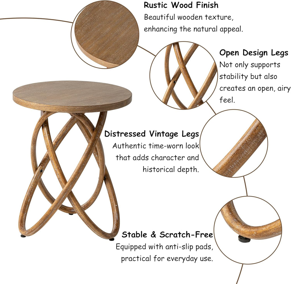 Farmhouse Round End Table with Curved Crossed Base, Natural Brown | Rustic Wood Sofa Side Table, Plant Stand for Living Room, Small Space, Easy Assembly