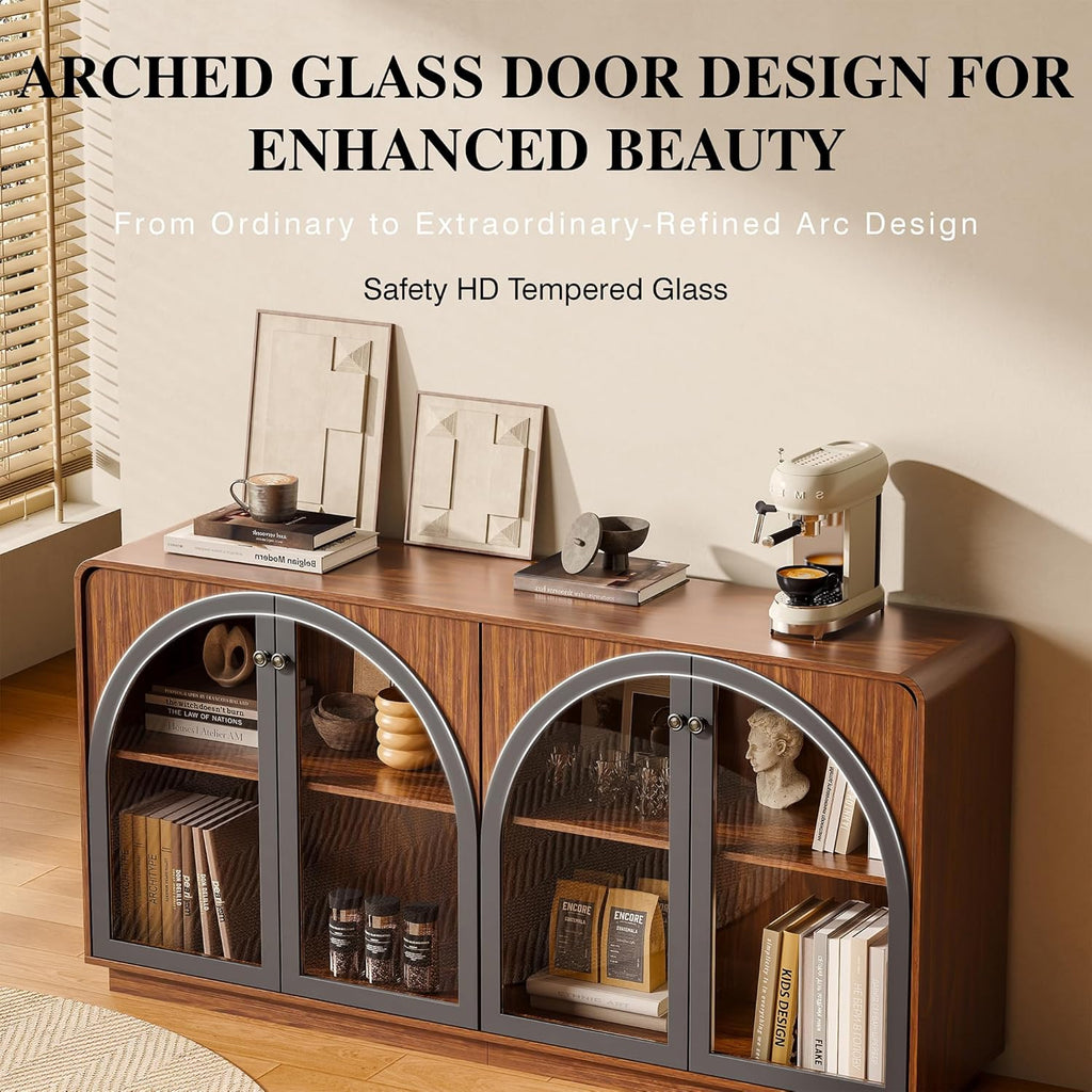 Sideboard Buffet Cabinet with Storage, Credenza Storage Cabinet for Living Room, Walnut Sideboard Wooden Accent Cabinet, Modern Coffee Bar Console Cabinet Walnut Buffet Cabinet with Arched Glass Doors