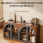 Sideboard Buffet Cabinet with Storage, Credenza Storage Cabinet for Living Room, Walnut Sideboard Wooden Accent Cabinet, Modern Coffee Bar Console Cabinet Walnut Buffet Cabinet with Arched Glass Doors