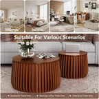 Round Nesting Coffee Tables Set of 2 with Storage Modern Wooden Fluted Nesting End Table Set Stacking Sofa Side Tables for Living Room Apartment, No Need Assembly (BrownD)
