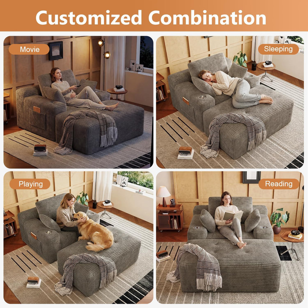 67" Oversized Chaise Lounge Chair Indoor, Corduroy Upholstered Boneless Sofa Bed, Modern Deep Seat Cloud Sleeper Couch Reading Chair for Living Room, No Assembly Required, Khaki