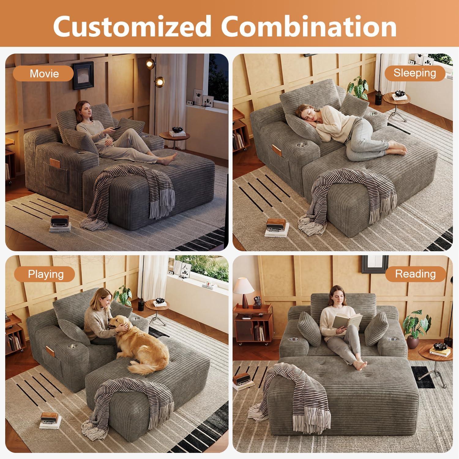 67" Oversized Chaise Lounge Chair Indoor, Corduroy Upholstered Boneless Sofa Bed, Modern Deep Seat Cloud Sleeper Couch Reading Chair for Living Room, No Assembly Required, Khaki