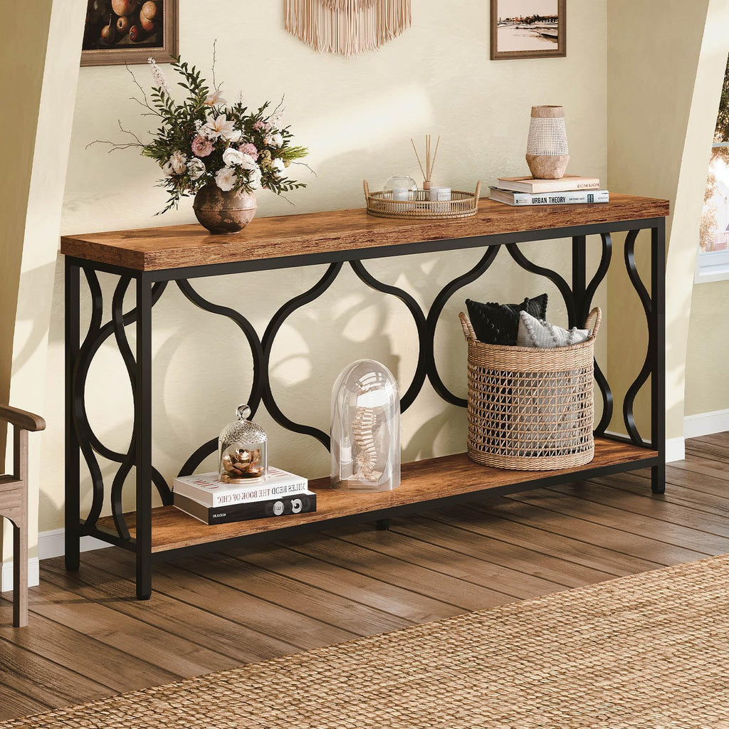 IBF 63 Inches Long Farmhouse Entryway Table, Rustic Wood Metal Sofa Console Table with Storage Shelves, Narrow Industrial Behind Couch Entry Hallway Table for Home Living Room, Rustic Brown Oak