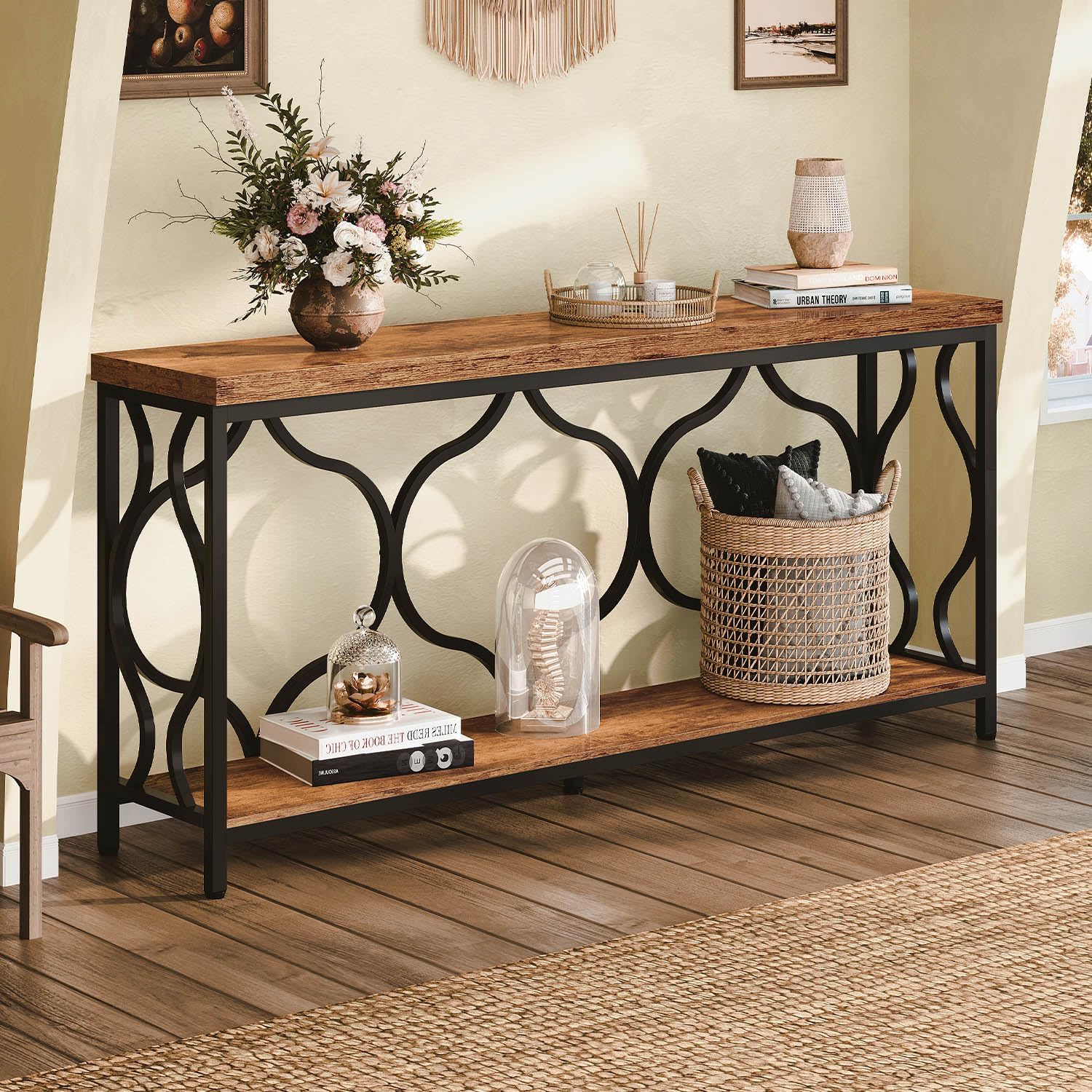 IBF 63 Inches Long Farmhouse Entryway Table, Rustic Wood Metal Sofa Console Table with Storage Shelves, Narrow Industrial Behind Couch Entry Hallway Table for Home Living Room, Rustic Brown Oak