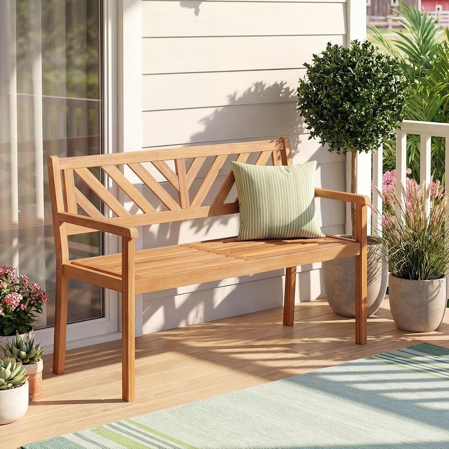 Tangkula Acacia Wood Outdoor Loveseat Bench, 2-Person Patio Garden Bench with Armrests & Backrest, Slatted Wooden Outside Seating Furniture for Backyard, Porch, Deck (V-Shaped Backrest)