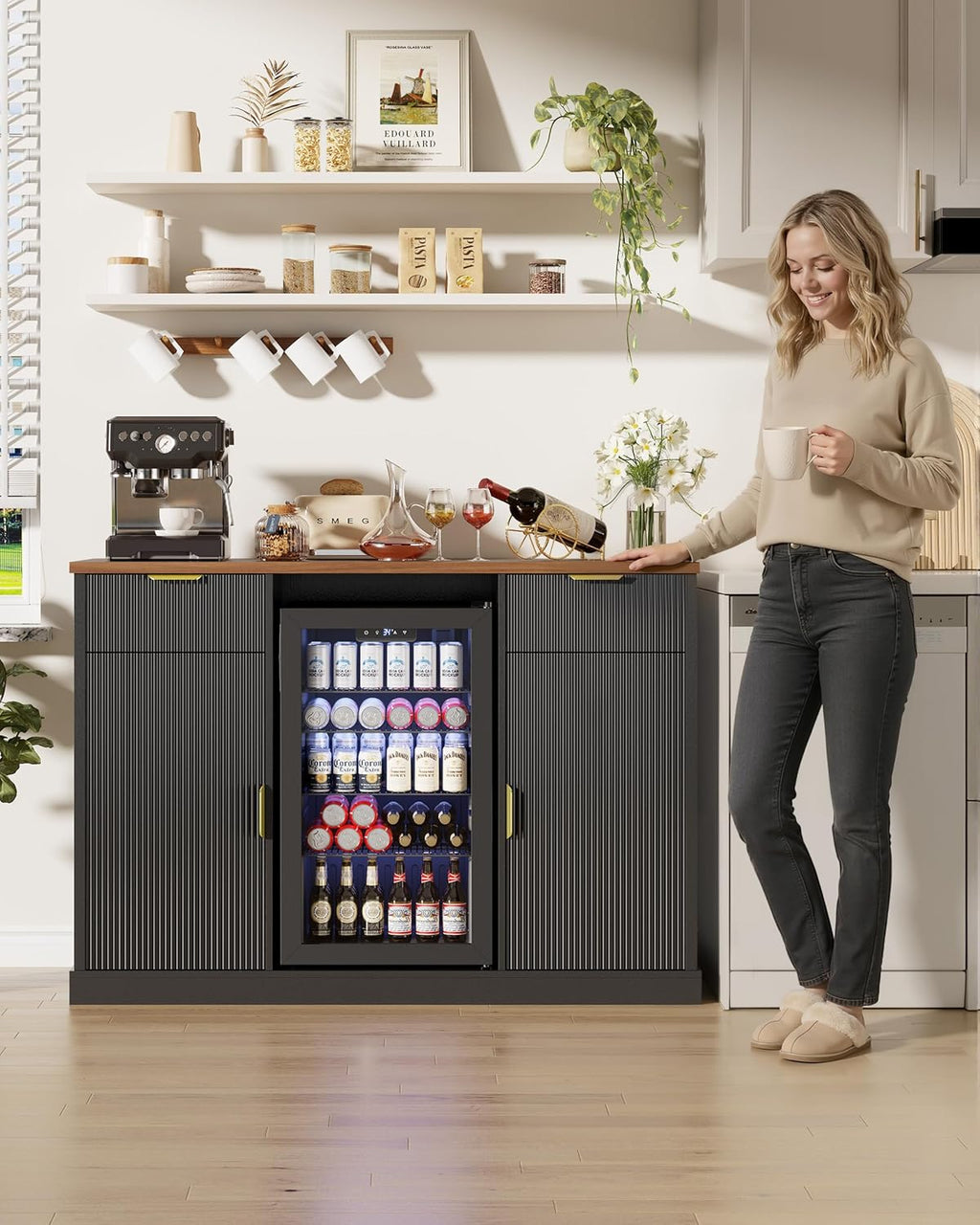 Otterease 55" Large Coffee Bar Cabinet with Fridge Space and Built-in Outlets, Modern Fluted Wine & Liquor Bar Cabinet, Buffet Sideboard Storage Cabinet for Living Room, Dining Room or Home Bar, Black