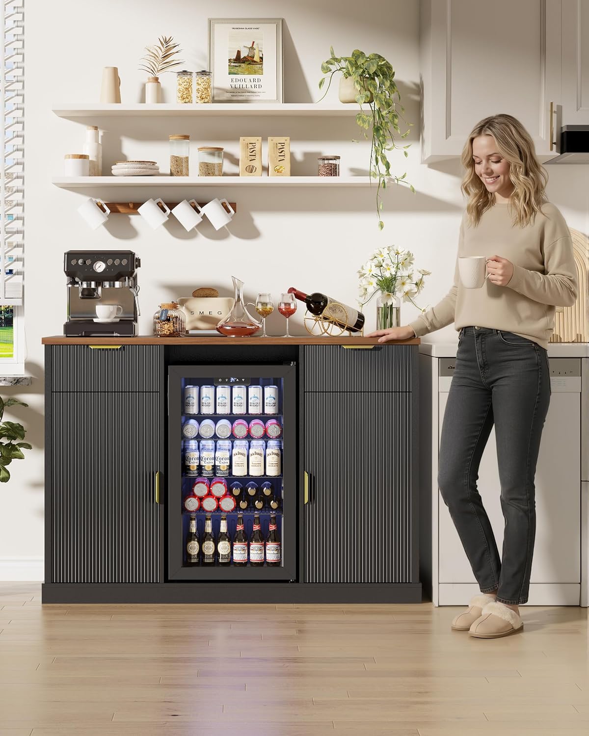 Otterease 55" Large Coffee Bar Cabinet with Fridge Space and Built-in Outlets, Modern Fluted Wine & Liquor Bar Cabinet, Buffet Sideboard Storage Cabinet for Living Room, Dining Room or Home Bar, Black