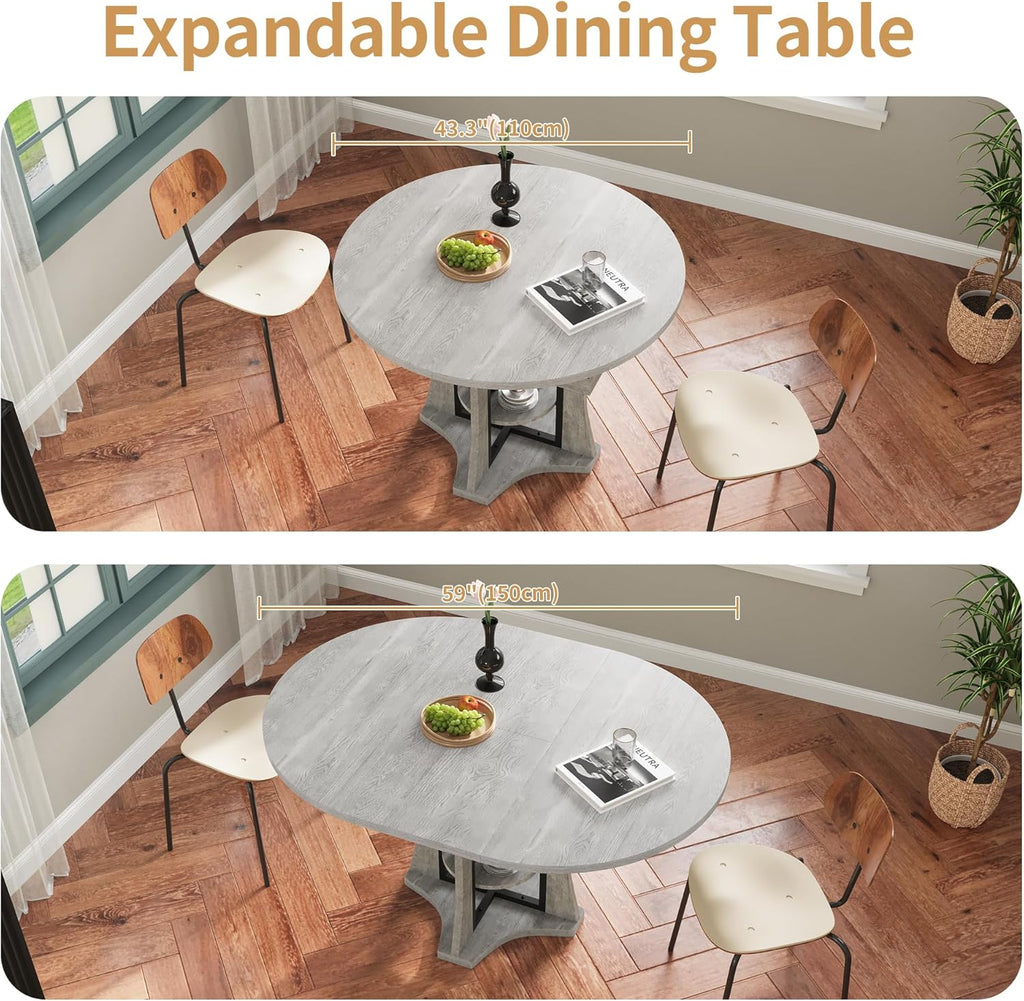 43.3''-59'' Round Extendable Dining Table for 4-6, Modern Kitchen Extendable Dining Room Table with 2-Tier Storage Shelves, Round Oval Dinner Table with Storage for Kitchen Living Room