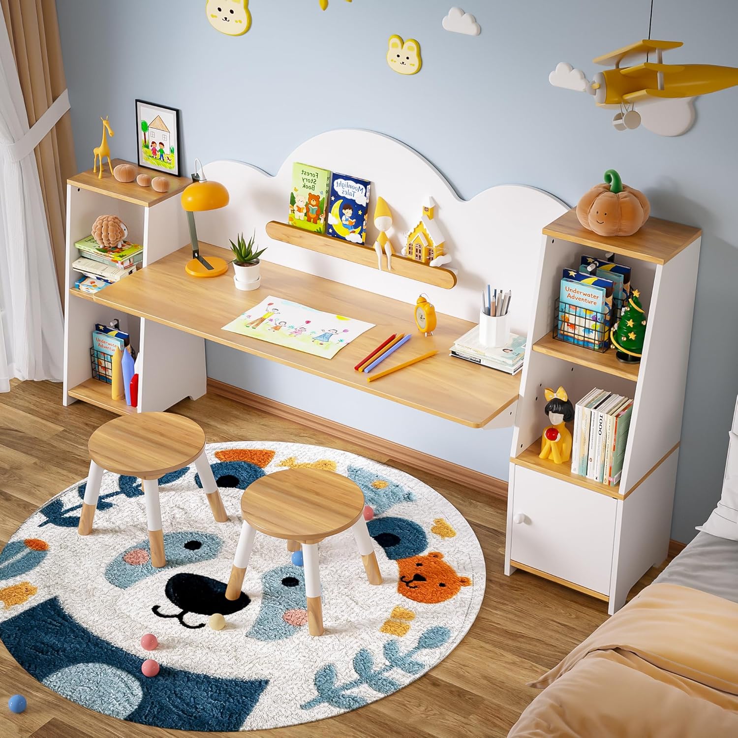 Wooden Kids Study Desk with Storage and 2 Stools, Kids Study Desk and Chair Set, Children Study Table with Bookshelves, Boys & Girls Study Desk for Ages 3-8, Bedroom, Toddler