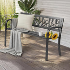 VINGLI Outdoor Metal Bench w/PVC Back - All Weather Resistant Black Garden Patio Bench for Entryway Front Porch Entryway Decor Deck (Black, Tulip)