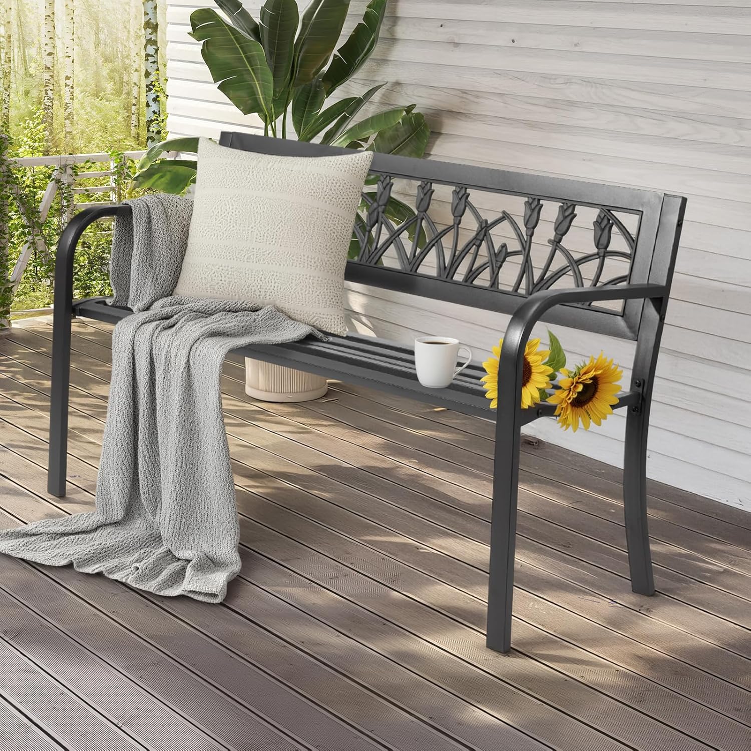 VINGLI Outdoor Metal Bench w/PVC Back - All Weather Resistant Black Garden Patio Bench for Entryway Front Porch Entryway Decor Deck (Black, Tulip)