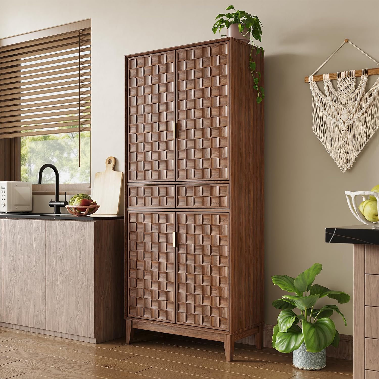 Pantry Cabinet, 71" Tall Pantry Cabinet,Modern Kitchen Cabinet with Doors, Drawers & Adjustable Shelves, Freestanding Food Pantry Cupboard with Side Rack for Kitchen Dining Room,Walnut