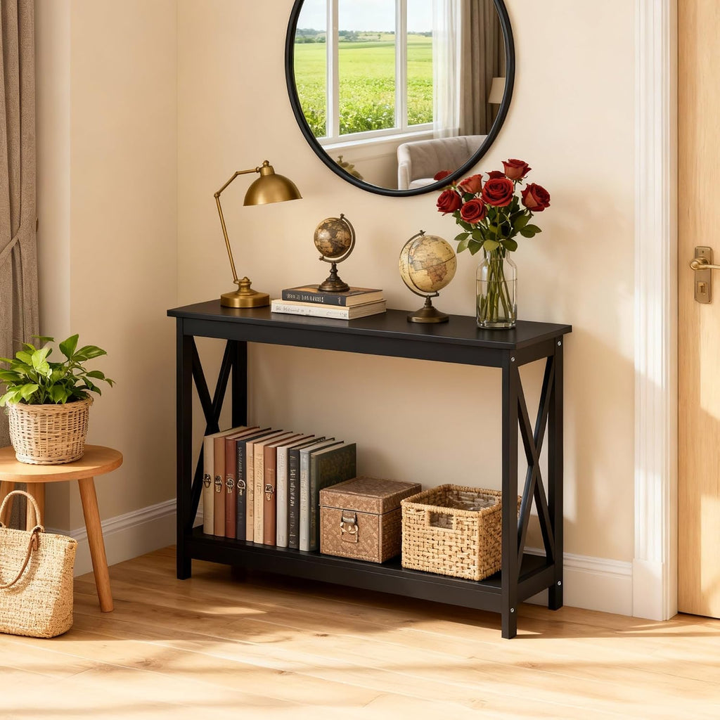 ZenStyle Sofa Side Console Table with 2 Storage Shelves Narrow Accent Table for Entryway/Hallway/Living Room, 46.9in L x 11.8in W x 31.7in H, Black