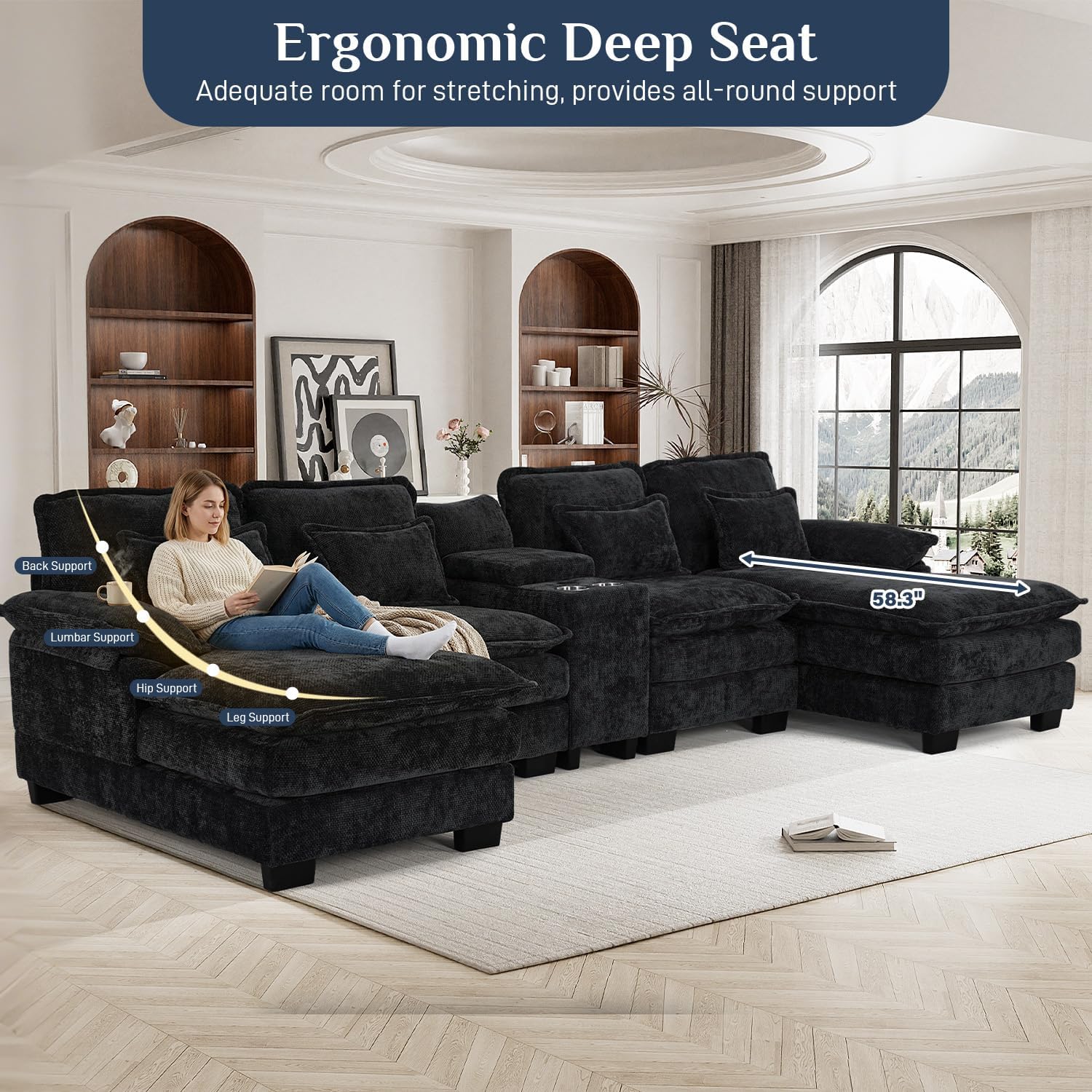 OUYESSIR U Shaped Cloud Sectional Couch, 132" Fluffy Modular Sofa Set with Double Chaise Lounge Central Console & USB Port, Comfy Chenille Big Sectional Couches for Living Room, Dark Black