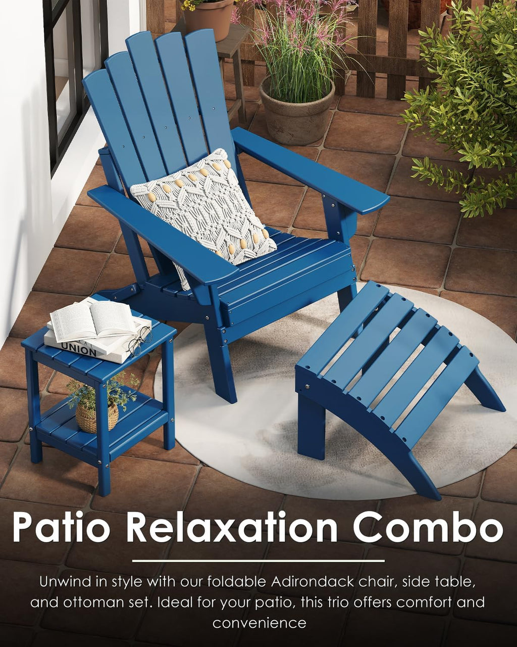 GREENVINES Folding-Adirondack-Chairs-Set-of-2 | HDPE Plastic | Throne Series | Fire Pit Chair | All Weather | for Outdoor Patio Deck Backyard Poolside | Blue