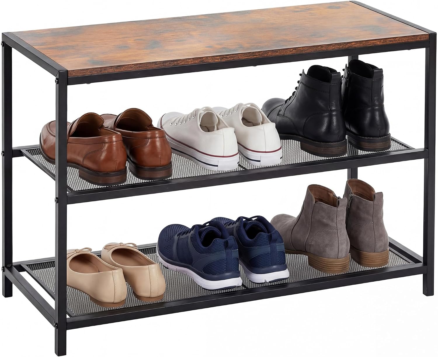 DUMOS 3-Tier Shoe Bench with Storage, Industrial Entryway Sturdy Shoe Rack Organizer Bench with Mesh Shelves for Entryway, Hallway & Living Room, Easy Assembly, Rustic Brown