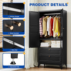 BYNSOE 71" Tall Metal Wardrobe Closet with 2 Drawers, Steel Armoire Cabinet with Hanging Rod and Adjustable Shelves, Freestanding Clothes Storage Organizer for Bedroom(Black, with 2 Drawers)