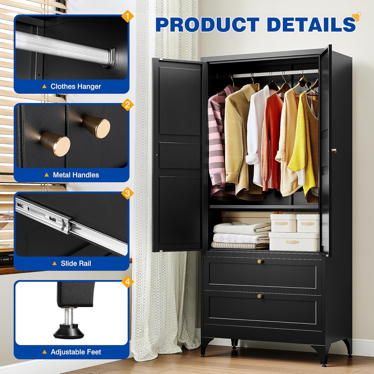 BYNSOE 71" Tall Metal Wardrobe Closet with 2 Drawers, Steel Armoire Cabinet with Hanging Rod and Adjustable Shelves, Freestanding Clothes Storage Organizer for Bedroom(Black, with 2 Drawers)